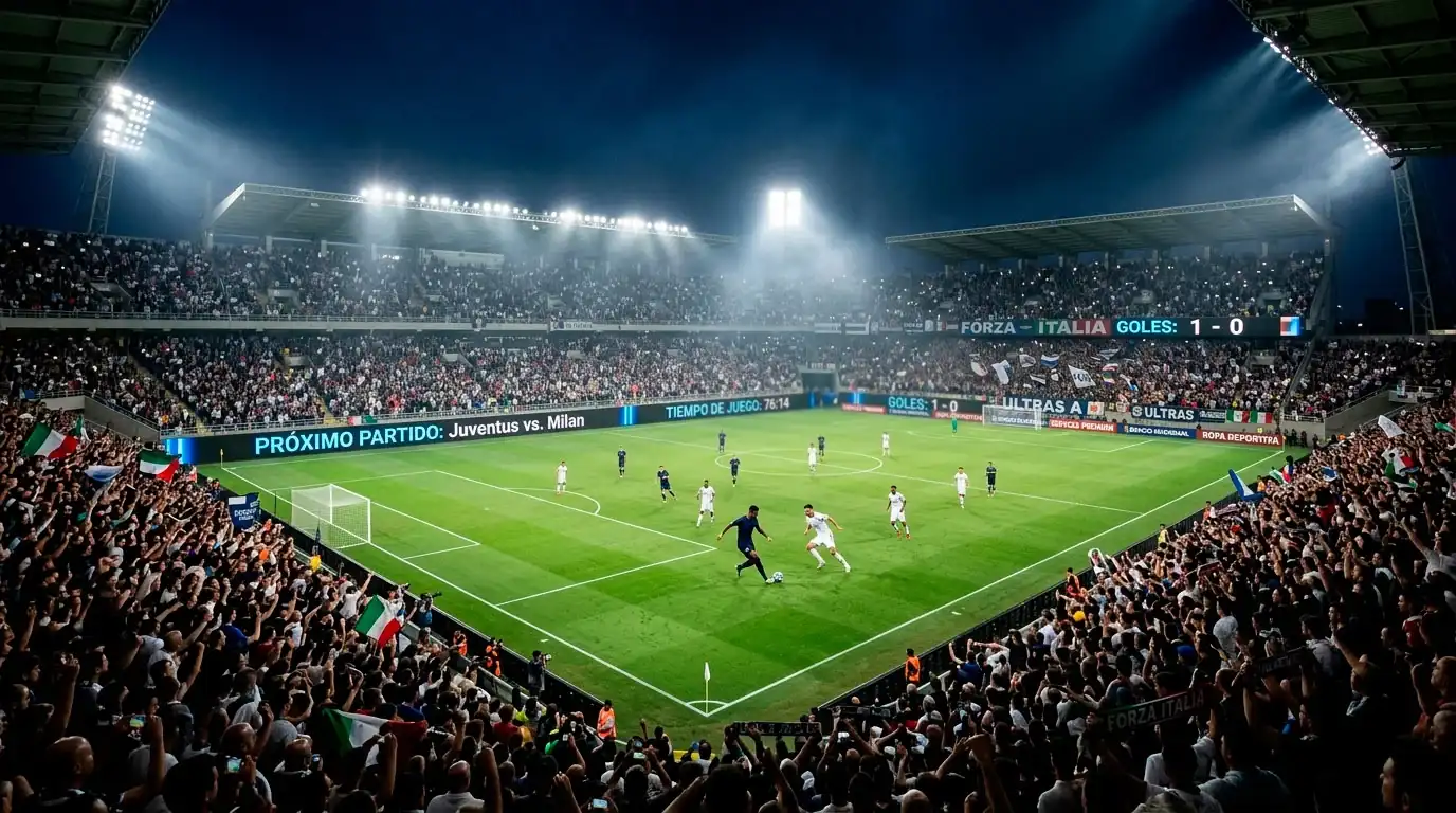 Estadio de fútbol de la Serie A italiana iluminado durante un partido nocturno con aficionados en las gradas