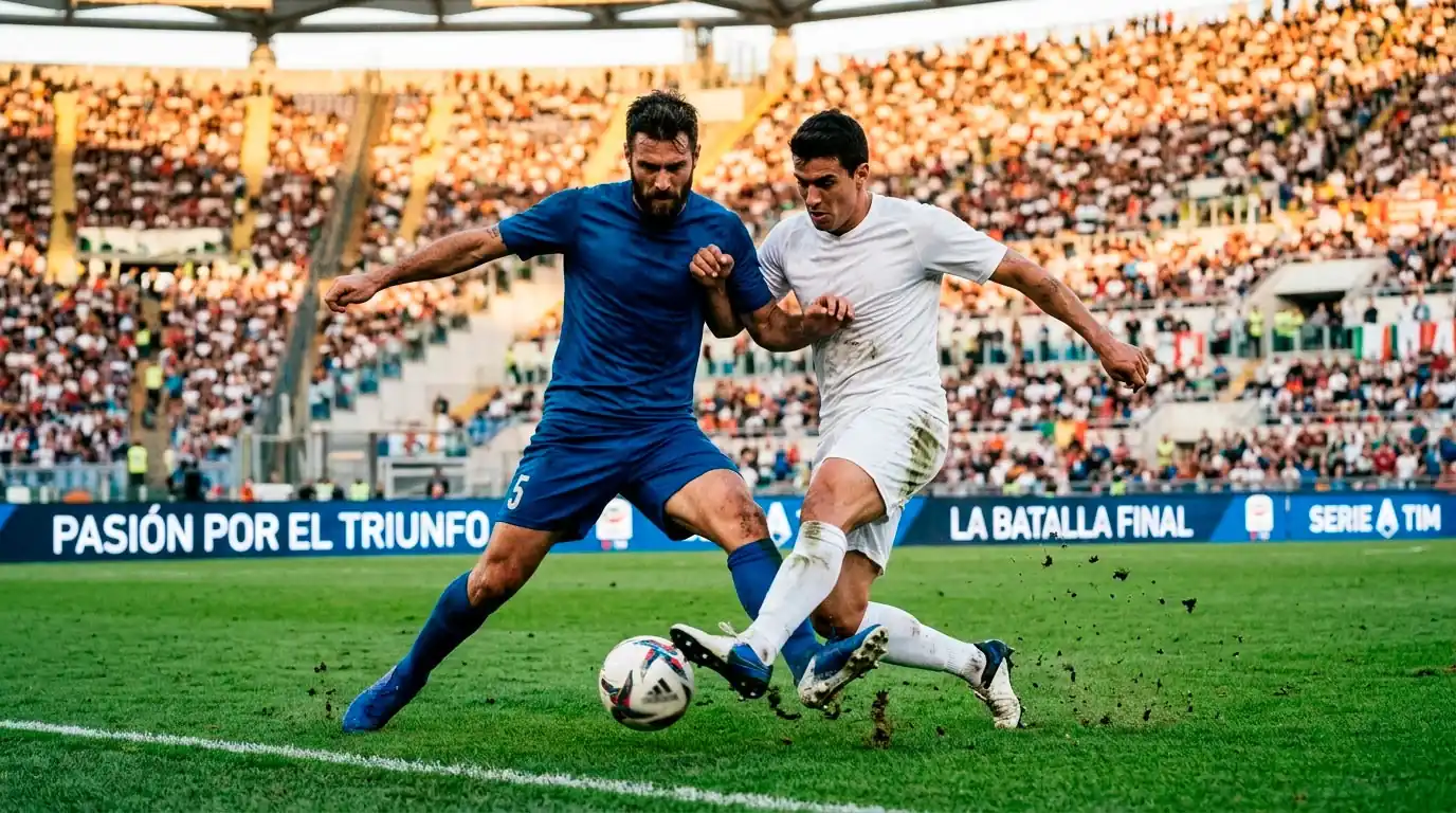Jugadores de fútbol italiano disputando un balón durante un partido de la Serie A en un estadio lleno
