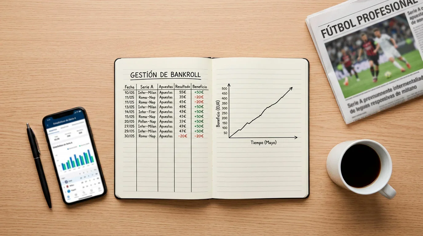 Persona planificando su estrategia de gestión de bankroll para apuestas deportivas con un bloc de notas y gráfico simple